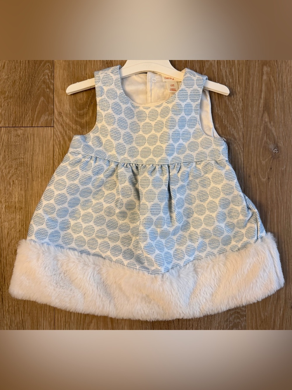 Cat & Jack Girl's Size 12 Months Light Blue Polka Dot Fur Trim Holiday Dress
